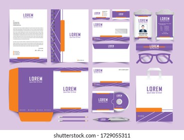 Stationery identity template set. Business stationery mock-up. Branding design. Letterhead, envelope, presentation folder, pencil, compliment slip, paper bag, notebook, id card and business card