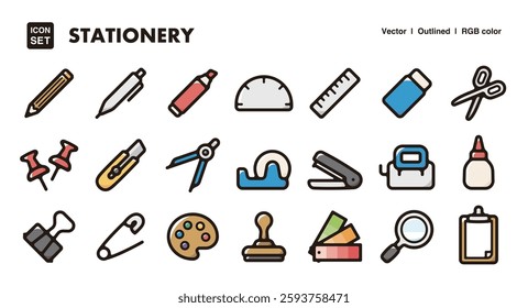 Stationery illustration icon set.Simple vector outlines, clipart for graphic design.