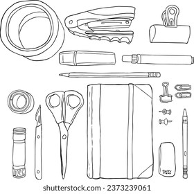 Stationery. illustration, line vector set 