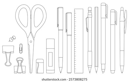 Stationery Illustration Set, Line Art, Pen, Clip, Scissors, Ruler, Eraser, Glue Stick, Ballpoint Pen, Pencil, Mechanical Pencil, Binder Clip, Push Pin, Paper Clip