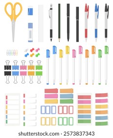 Stationery Illustration Set, Pen, Clip, Scissors, Ruler, Eraser, Glue Stick, Ballpoint Pen, Pencil, Mechanical Pencil, Binder Clip, Push Pin, Paper Clip