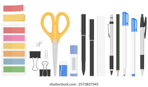 Stationery Illustration Set, Pen, Clip, Scissors, Ruler, Eraser, Glue Stick, Ballpoint Pen, Pencil, Mechanical Pencil, Binder Clip, Push Pin, Paper Clip