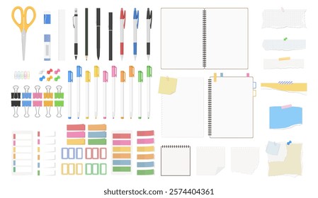 Stationery Illustration Set,  Simple Plain Notebook, Pen, Clip, Scissors, Ruler, Eraser, Glue Stick, Ballpoint Pen, Pencil, Mechanical Pencil, Binder Clip, Push Pin, Paper Clip