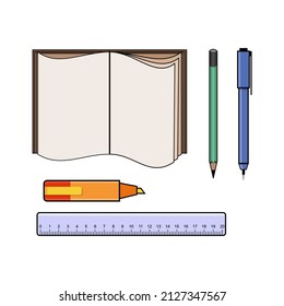 stationery illustrations: books, pencils, pens, rulers and highlighters