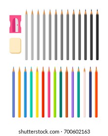 Stationery isolated vector illustration with icons of various colored pencils placed vertically along with white rectangular eraser and plastic sharpener