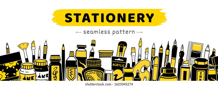 Stationery items big banner. Horizontal seamless pattern. Set of school, art, office accessories and supplies. Vector graphic illustration. 