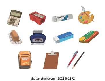 Stationery items, calculator, geometry box, sharpener, colour plate, school bag, pen, pencil, inkpot, rubber, clipboard