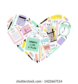 Stationery items in heart shape flat illustration. Abstract time management vector symbol. Work organization, task planning, love education. School supplies, sticky note, coffee and alarm clock