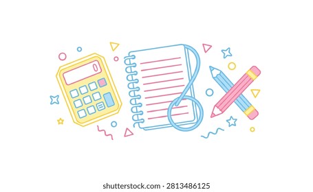 Stationery items including a calculator a spiral notebook and two crossed pencils decorated with playful geometric shapes on a minimalist white surface.