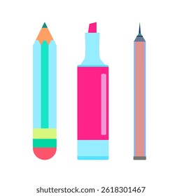 Сolorful stationery items, including a pencil, a highlighter, and a penbrush. Minimalist design with bright, vibrant colors on a white background. Perfect for education, office, or creative design con