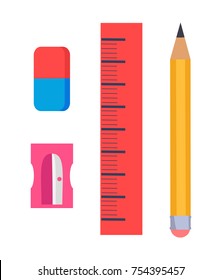 Stationery items isolated vector illustration on white. Cartoon style graphite pencil, plastic sharpener, rectangular eraser and red ruler