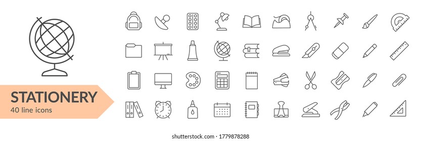 Stationery items line icon set. Isolated signs on white background. Vector illustration. Collection