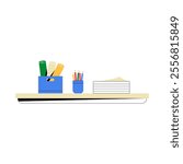 Stationery Items On Shelf In Flat Vector Illustration Symbolizing Office Organization, Creativity, And Work Environment, Isolated On White Background