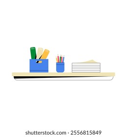 Stationery Items On Shelf In Flat Vector Illustration Symbolizing Office Organization, Creativity, And Work Environment, Isolated On White Background