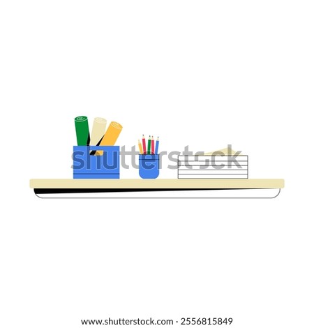 Stationery Items On Shelf In Flat Vector Illustration Symbolizing Office Organization, Creativity, And Work Environment, Isolated On White Background