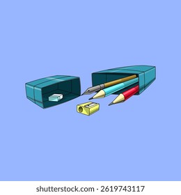 Stationery items: pencils, pen, sharpener, and eraser in a blue pencil case with the lid open, isolated on a light blue background.