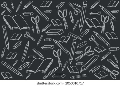 Stationery items seamless pattern. Chalk and blackboard theme. Books, pencils, highlighters, erasers and scissors.
