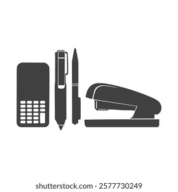 Stationery Items Silhouette: Calculator, Pen, Stapler