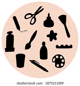 Stationery items silhouette. Isolated doodle vector design elements arrange in a circle. For childrens design, prints, vinyl stickers.