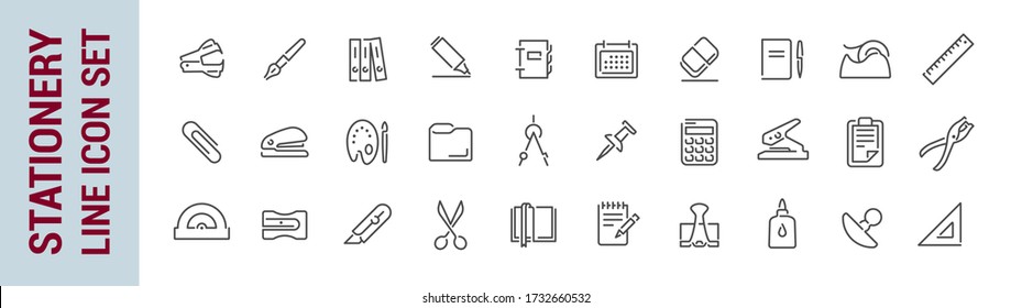 Stationery Items. Vector Isolated Line Icon Set. Collection