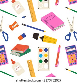 Stationery items vector seamless pattern. School hand drawn pattern. Sketchbook , scissors, eraser, pen, brush, sharpener, pencil, ruler. Wallpaper, wrapping paper cartoon design.