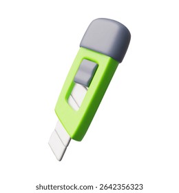 Stationery knife, boxcutter tool 3D cartoon plastic style vector illustration. Volume green stationery tool render icon. Household box cutter instrument. Snap-off blade office supplies isolated