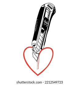 a stationery knife cuts the heart.vector illustration isolated on white background.decorative image in linear style.modern typography design perfect for t shirt,poster,banner.tattoo,print,web,etc