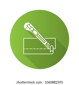 Stationery knife cutting paper flat linear long shadow icon. Cutter. Vector outline symbol