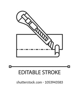 Stationery knife cutting paper linear icon. Cutter. Thin line illustration. Contour symbol. Vector isolated outline drawing. Editable stroke