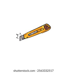 Stationery knife drawing in cartoon comic style. Building tool. Vector illustration art.