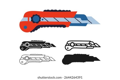 Stationery knife icon set. Box cutter tool knife stylized sign vector. Razor flat professional construction object. Stainless knife simple design element. Knife icon isolated vector illustration