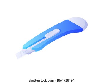 Stationery knife isometric vector. Blue tool for cutting paper and cardboard with white sharp blade. Equipment for postal and office workers home repairs. Precise accurate cut with stainless blade.