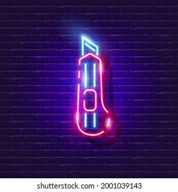 Stationery knife neon sign. Cutting tool glowing icon. Vector illustration for design. School concept.