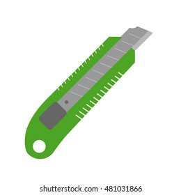 Stationery knife for paper. Acute tool with retractable blade for paper, wallpaper, cardboard.