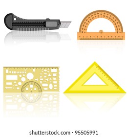 Stationery knife, ruler and protractor line of the triangle on a white background.