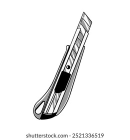Cuchillo de papelería. Herramienta para cortar papel y cartón yeso. Ilustración vectorial monocromática. Oficina y construcción. Para antecedentes, Anuncio. En estilo de esquema
