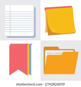 Stationery layout with lined paper, sticky notes, file folder and bookmark tag, office planner templates for study, journal, classroom design