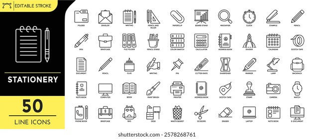 Stationery Line editable icons set. Editable Stroke. Containing icons: Writing, color swatch, pencil stand, pencil, book, eraser. stample, backpack, and more. Vector Illustration