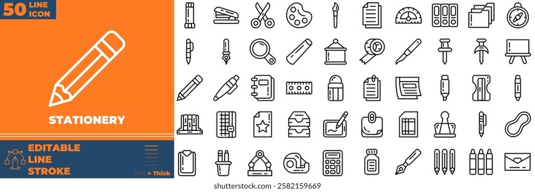 Stationery Line Editable Icons set. Vector illustration in modern thin line style of stationery icons: pen, write, pencil, note, edit, writer, document, etc