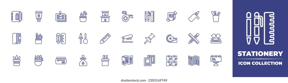 Colección de iconos de línea de creación de sesión. Trazo editable. Ilustración vectorial. Con papel, tubo de pintura, notas, caja, cinta dosificadora, escritura, pegamento, pegamento, caja de lápiz, estuche de lápiz, lápiz.