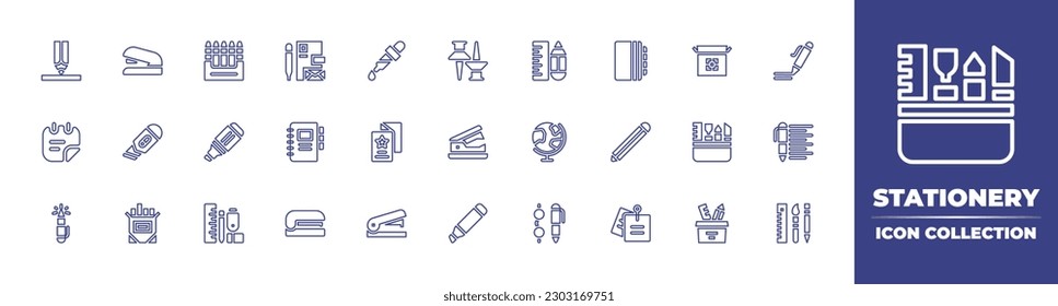 Colección de iconos de línea de creación de sesión. Trazo editable. Ilustración vectorial. Contiene lápiz, grapadora, lápices, cartuchos, papel, cuentakilómetros de tinta, vástago de empuje, regla, documento, embalaje, pluma, nota adhesiva, cortador.