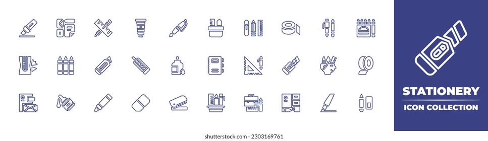 Stationery line icon collection. Editable stroke. Vector illustration. Containing felt tip, branding, stationery, paint, pen, adhesive tape, crayons, pencil sharpener, colors, cutter, liquid glue.