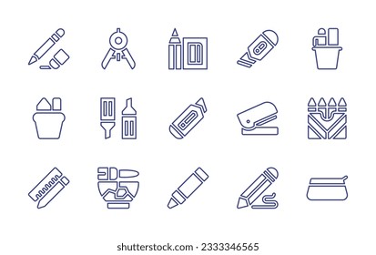 Stationery line icon collection. Editable stroke. Vector illustration. Containing pencil, compass, sharpener, cutter, stationery, markers, stapler, crayons, ruler, glue, drawing, pencil case.