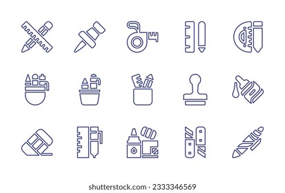 Stationery line icon collection. Editable stroke. Vector illustration. Containing stationery, push pin, measuring tape, supplies, pencil case, rubber stamp, glue, rubber, cutter, pen.