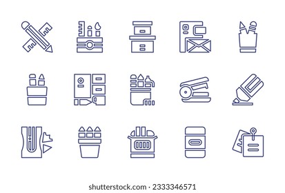 Colección de iconos de línea de creación de sesión. Trazo editable. Ilustración vectorial. Consta de papel, estuche de lápiz, caja, portalápiz, bolígrafos, grapadora, marcador de resaltado, agudizador de lápiz, tiza, borrador, nota adhesiva.