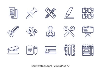 Stationery line icon collection. Editable stroke. Vector illustration. Containing flyer, pushpin, stationery, highlighter, sticky notes, scissors, push pin, paper clip, billboard, stapler, tools.