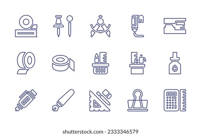 Colección de iconos de línea de creación de sesión. Trazo editable. Ilustración vectorial. Conteniendo cinta de enmascaramiento, pasador de empuje, brújula, tubo de pintura, grapadora, cinta adhesiva, portalápiz, material escolar, cartucho de tinta.