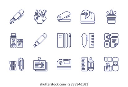 Stationery line icon collection. Editable stroke. Vector illustration. Containing fountain pen, creativity, stapler, tape, stationery, glue stick, marker, notebook, branding, pencil sharpener, notes.