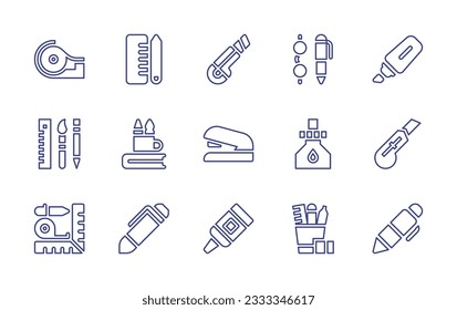 Stationery line icon collection. Editable stroke. Vector illustration. Containing scotch tape, stationery, cutter, pen, highlighter, stapler, ink, measurement, glue.