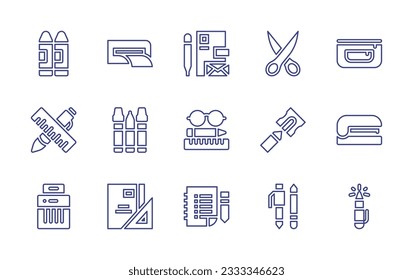 Stationery line icon collection. Editable stroke. Vector illustration. Containing crayon, printing, stationery, scissors, pencil case, ruler, marker, pencil sharpener, stapler, shredder, rules, pen.